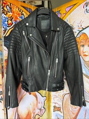 All Saints Papuan Black Leather Biker Jacket with Quilted Shoulders